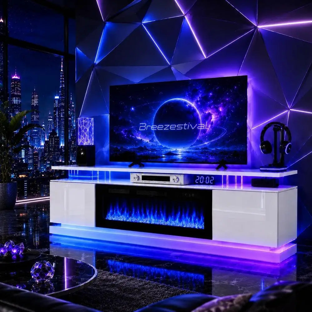 70" Modern Fireplace TV Stand for TVs up to 80", White Entertainment Center with Black Electric Fireplace,Storage Cabinets