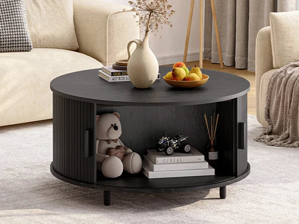 31.5" Modern Coffee Table with 360° Curved Sliding Door,Fluted Wood Accent Coffee Tablee