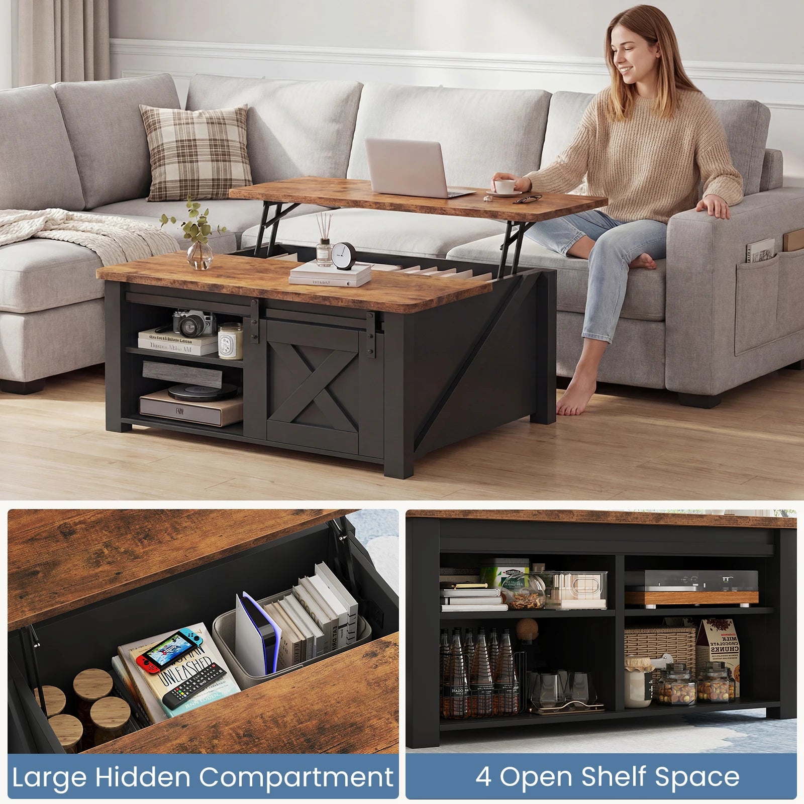 31.5IN Wood Lift Top Coffee Tables Square, Adjustable Storage Shelf Easy Lift Or Lower For Tea Dining Tables