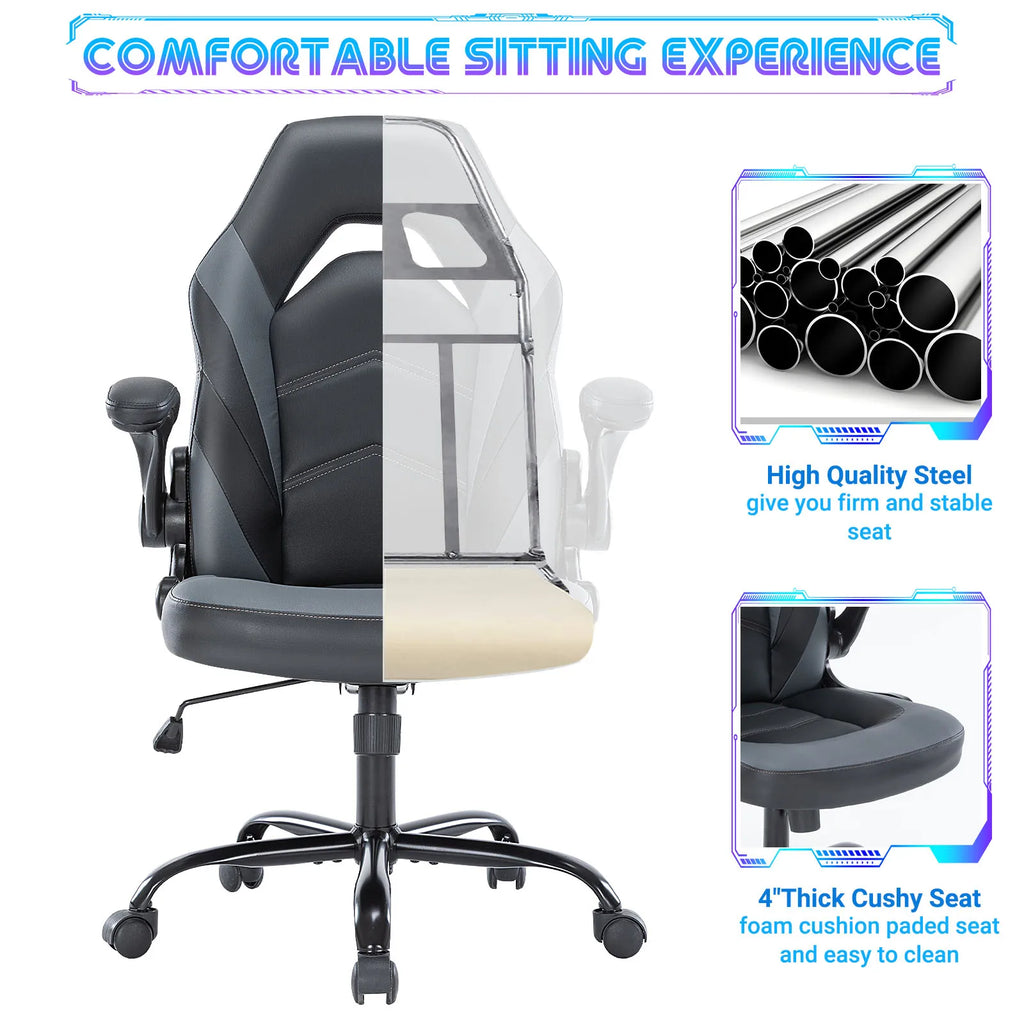 JHK Ergonomic Office Computer Home Gaming Desk Chair Adjustable PU Leather Racing Chair Flip-up Armrest.