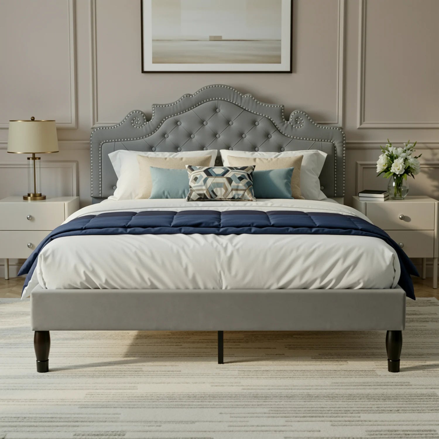 Velvet Platform Bed Frame with Adjustable Diamond Tufted Upholstered Tiara Headboard