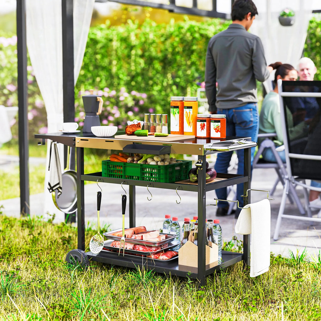 Outdoor Bar Cart Grill Table with Wheels, Prep Table with Storage