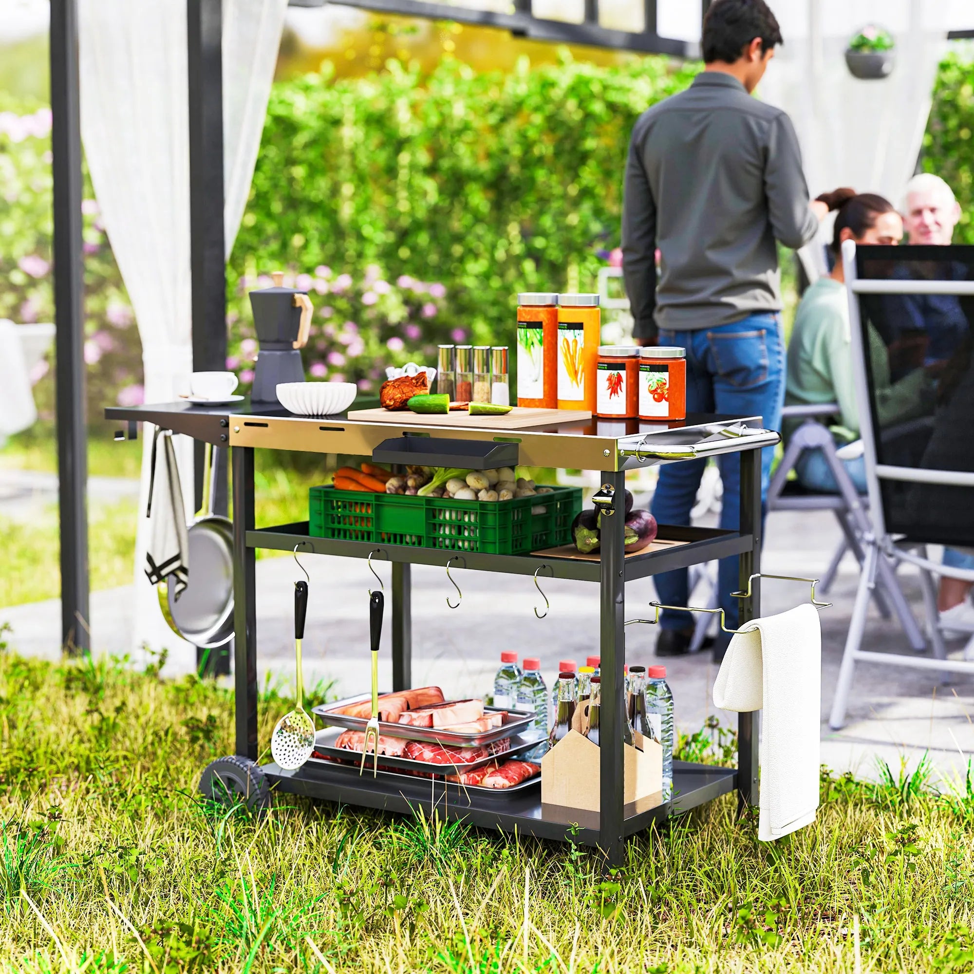 Outdoor Bar Cart Grill Table with Wheels, Prep Table with Storage