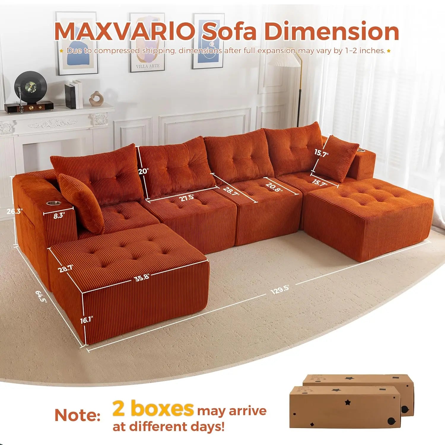 Boneless Couch, 129.5-Inch U-Shaped Cloud Couch, 2 Ottomans