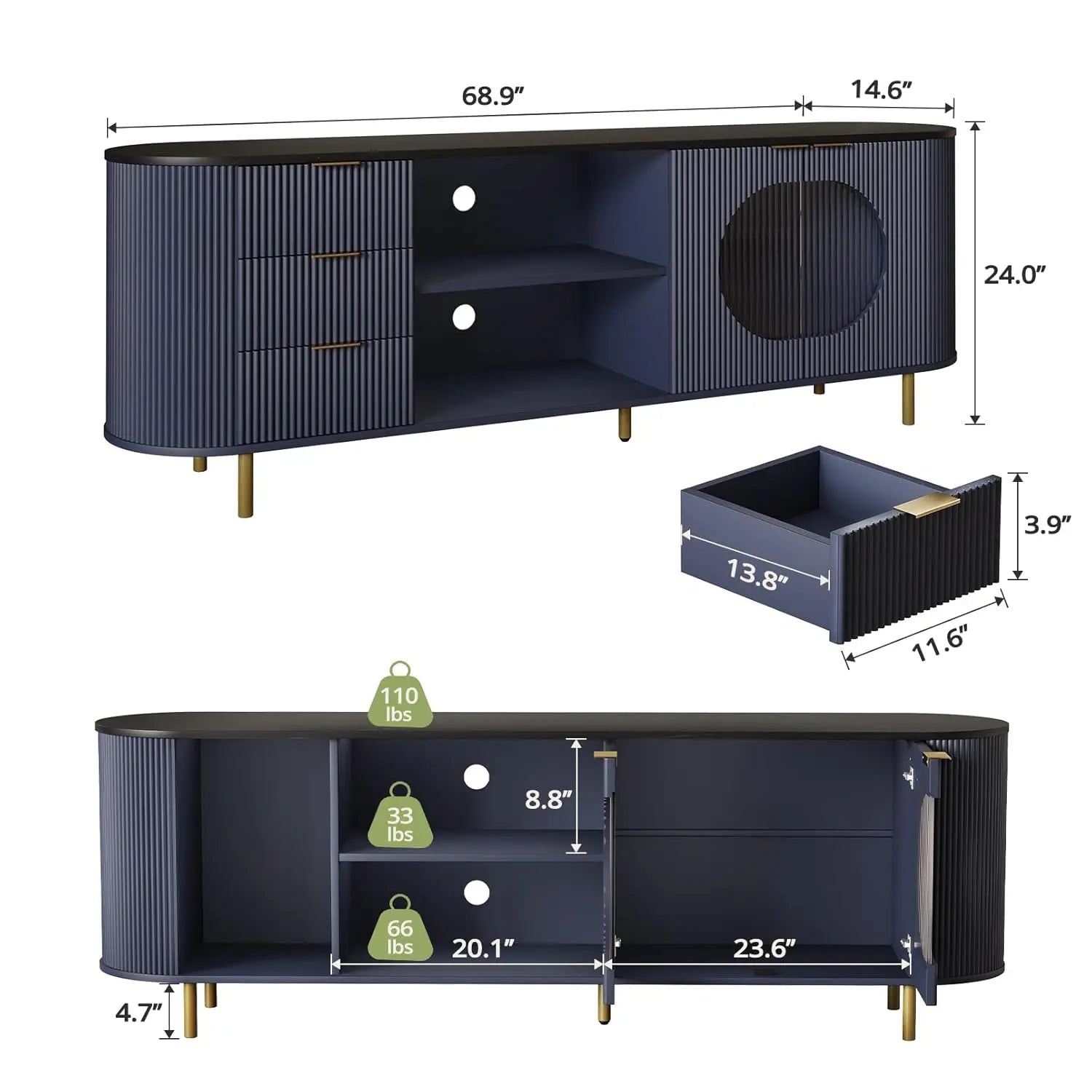 69" Fluted TV Stand Storage Console 3 Drawers.