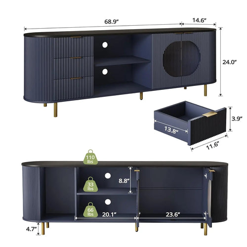 69" Fluted TV Stand Storage Console 3 Drawers.