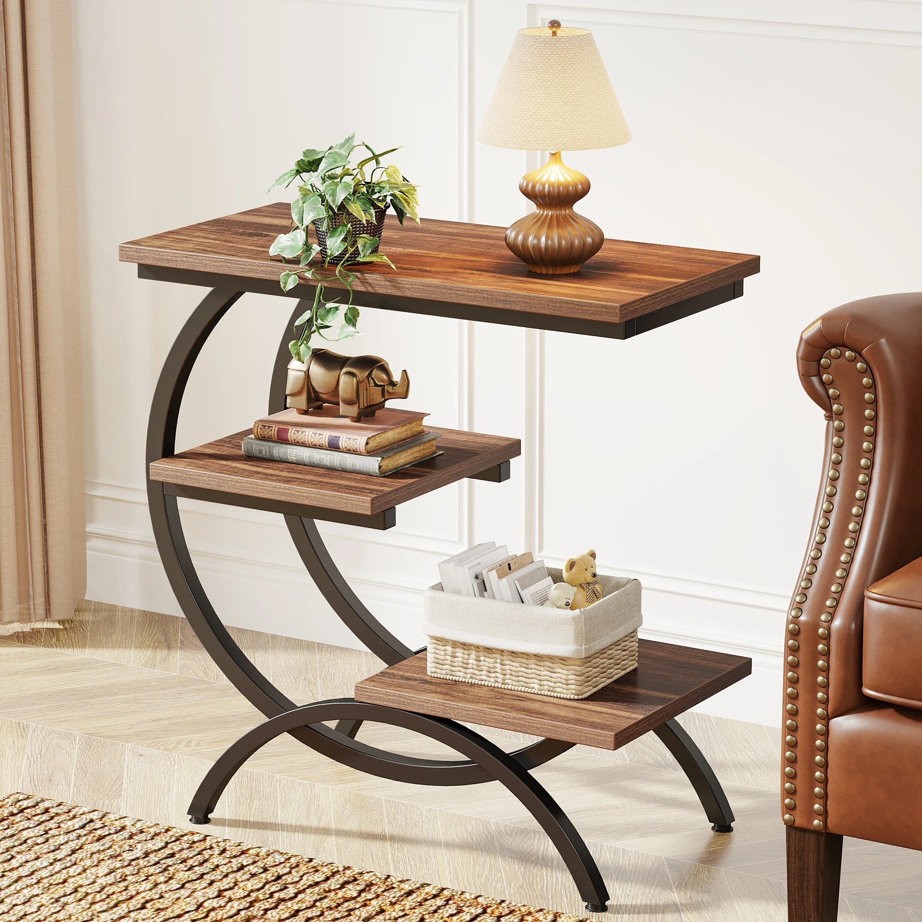 3-Tier C-Shaped End Table for Couch, Bedside or Snack Table with Storage Shelves