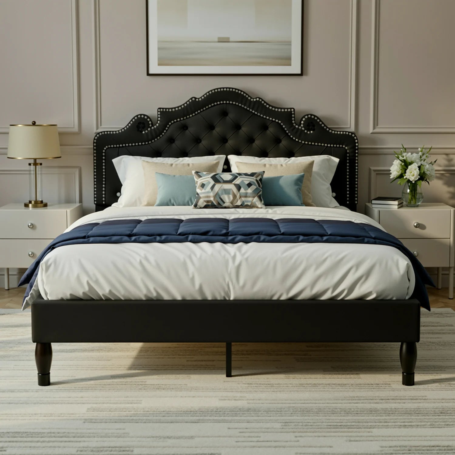 Velvet Platform Bed Frame with Adjustable Diamond Tufted Upholstered Tiara Headboard