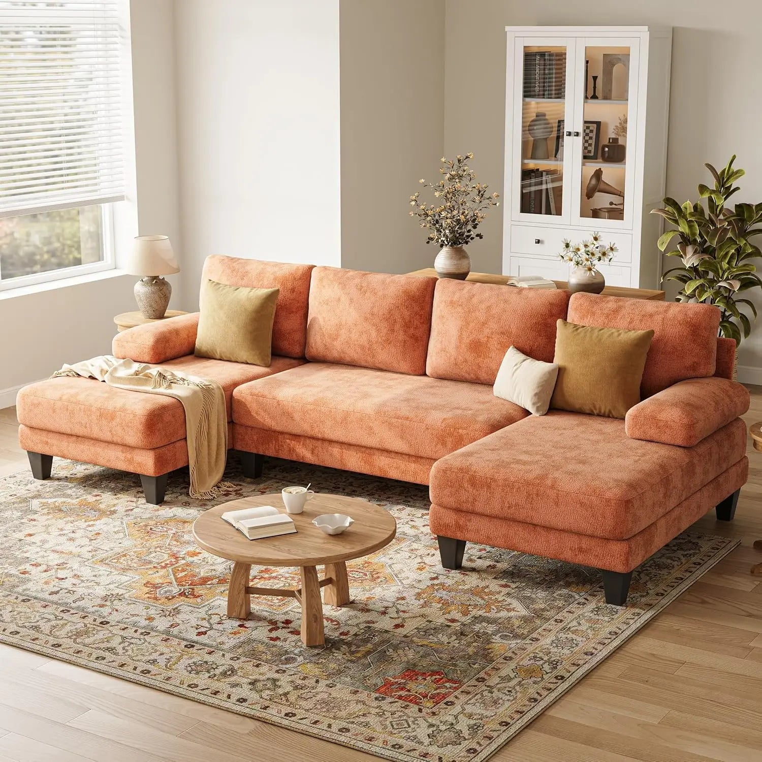 U-Shaped Sectional Couches for Living Room | Chenille Sofa with Double Chaise