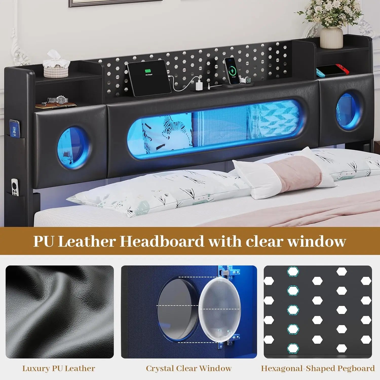 King Floating Bed Frame Storage Headboard LED Light Charging Station Bookcase No Box Spring Noise-Free.