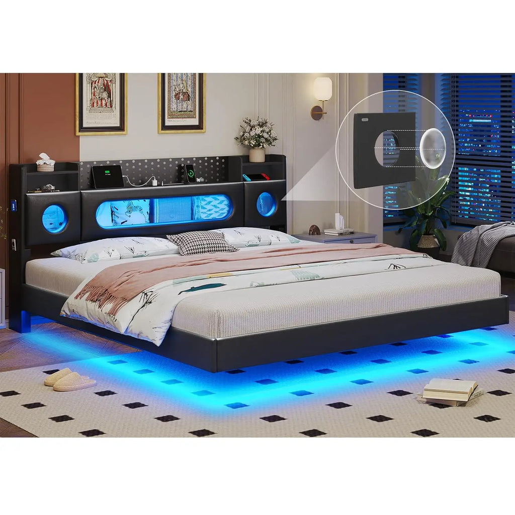 King Floating Bed Frame Storage Headboard LED Light Charging Station Bookcase No Box Spring Noise-Free.