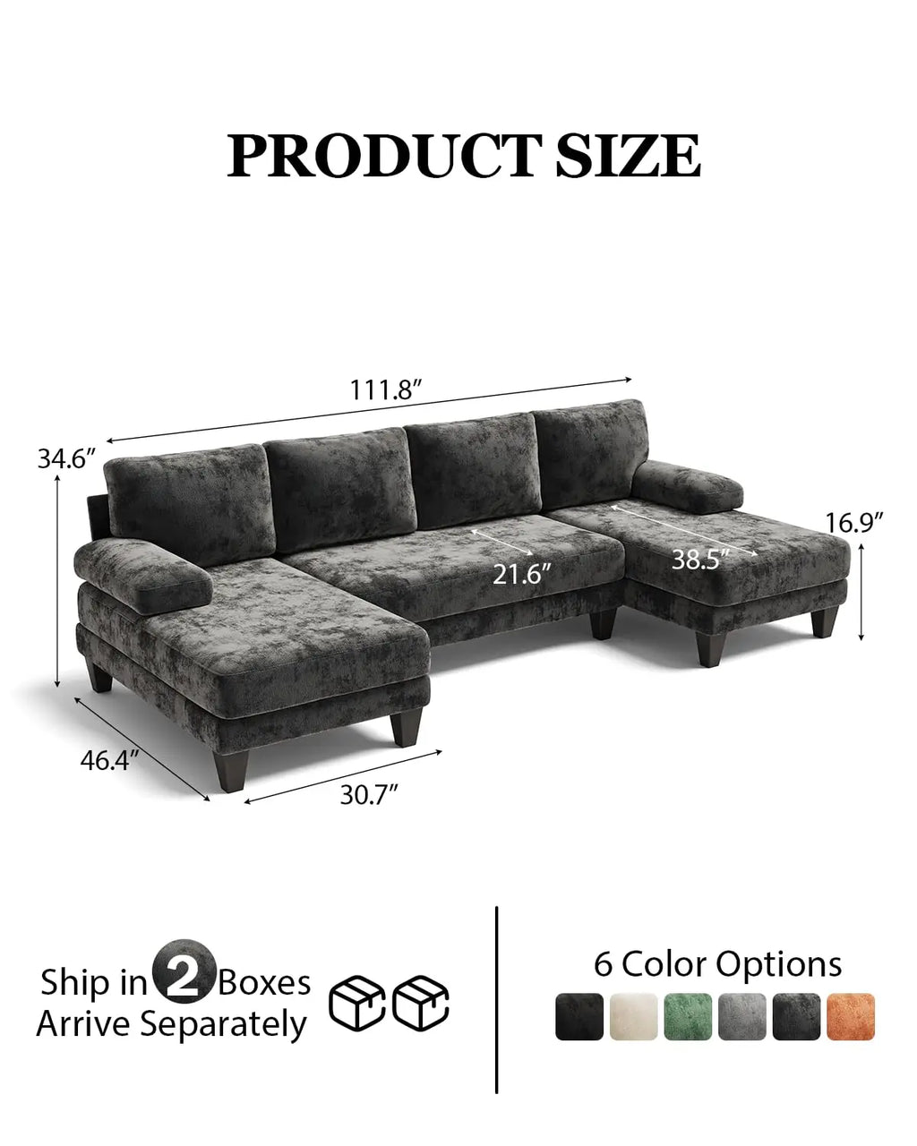 U-Shaped Sectional Couches for Living Room | Chenille Sofa with Double Chaise