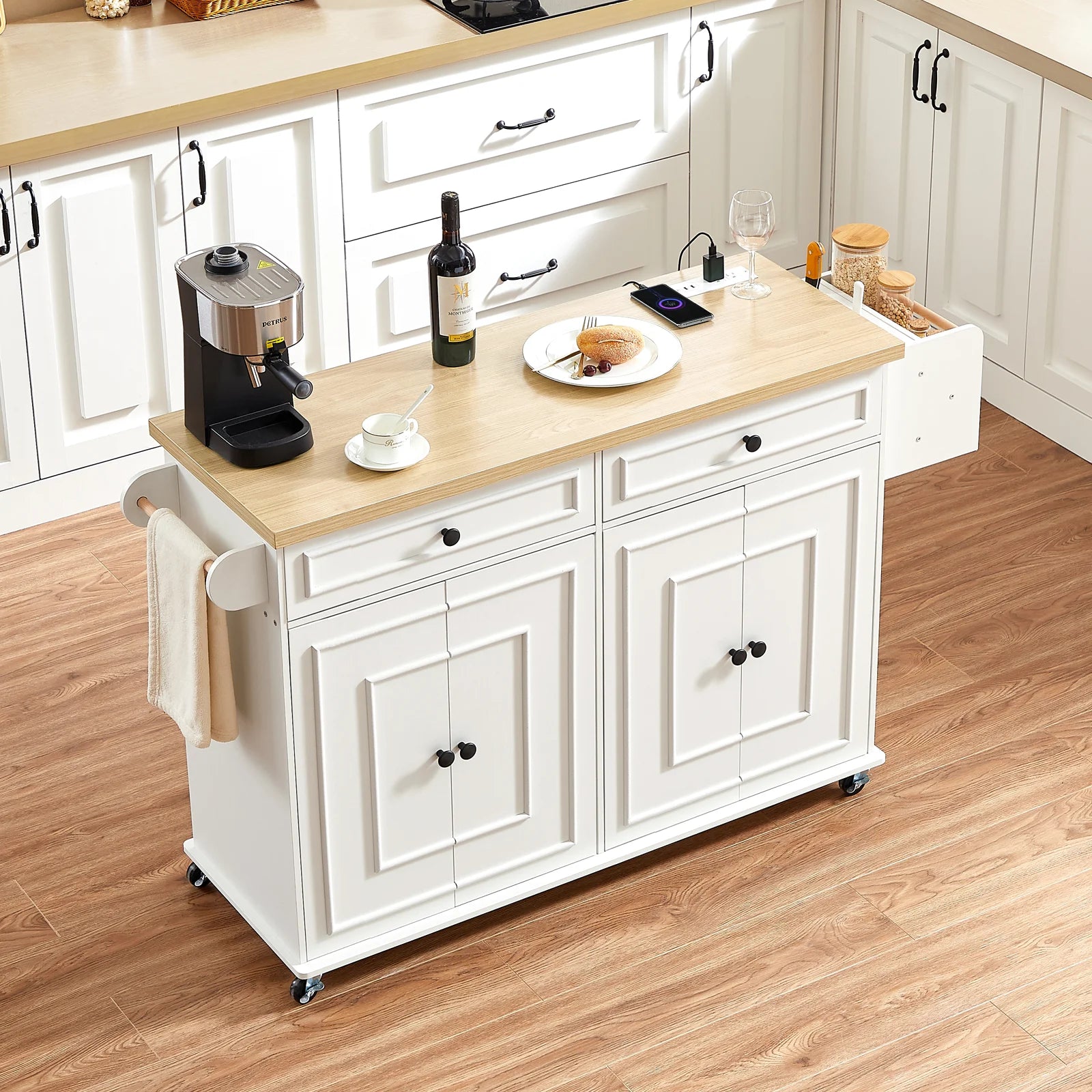 Kitchen Island Table Drop Leaf Home Carts with Power Outlet Spice Towel Rack Trash