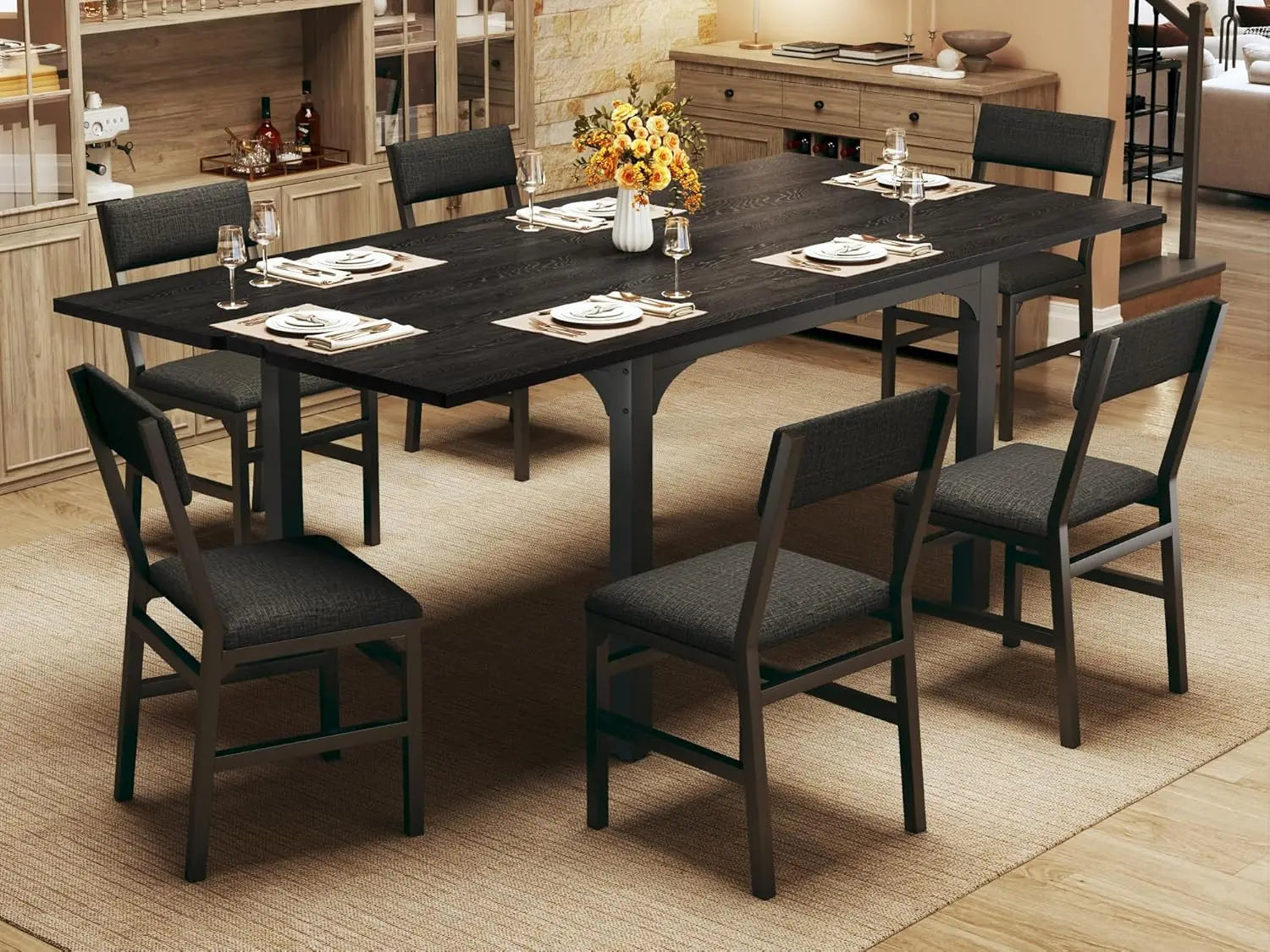 7-Piece Dining Table Set for 4-6, Extendable Kitchen Table Cushion Chairs,