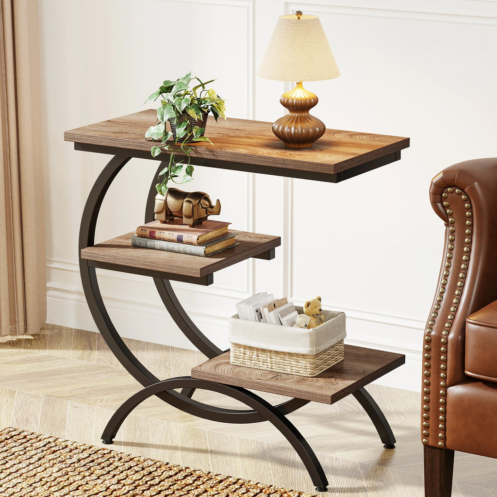 3-Tier C-Shaped End Table for Couch, Bedside or Snack Table with Storage Shelves
