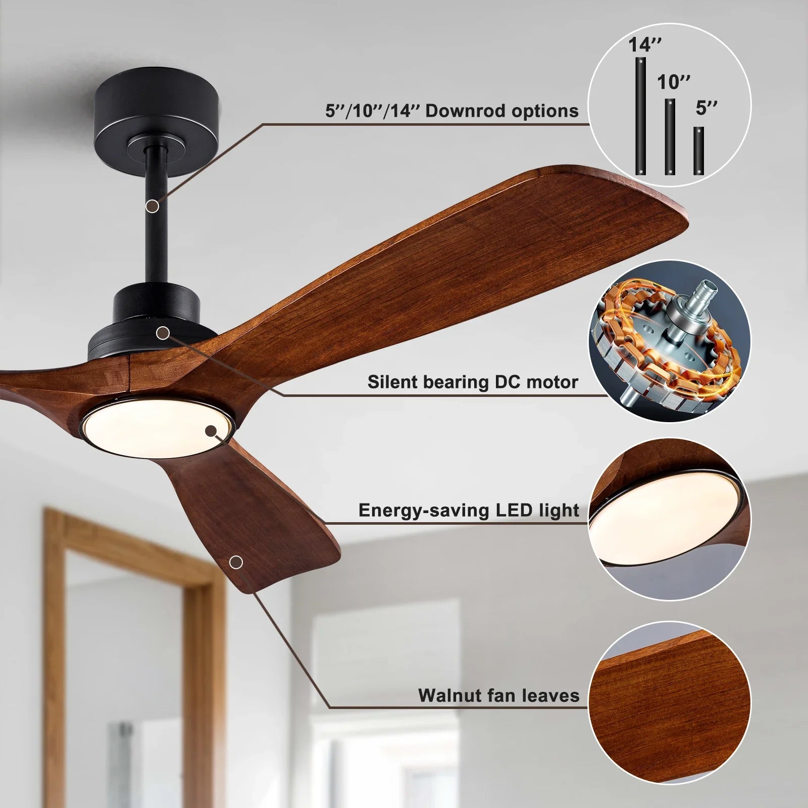 42 52 60 inch Wood Ceiling Fan with Lights Remote Control Quiet