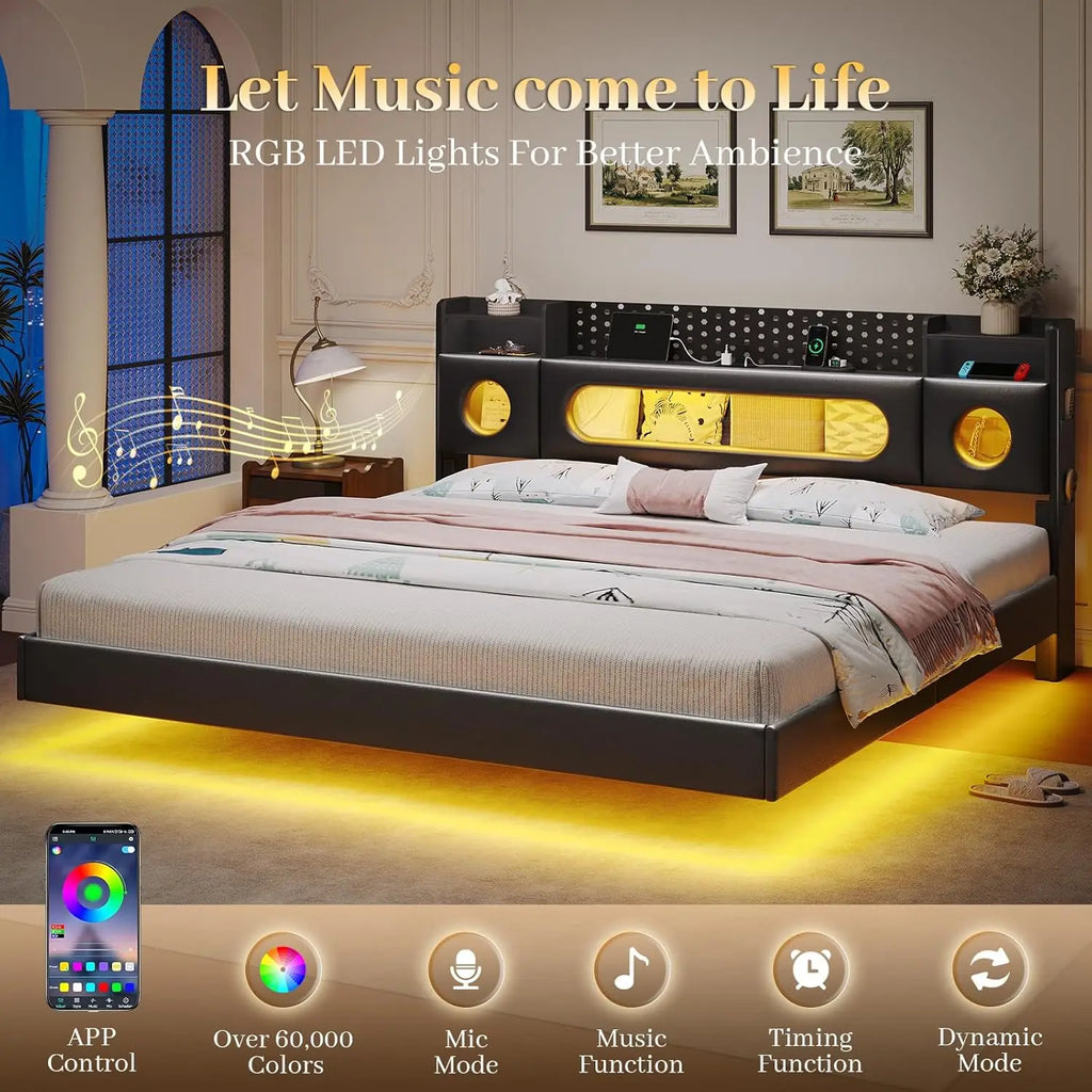 King Floating Bed Frame Storage Headboard LED Light Charging Station Bookcase No Box Spring Noise-Free.