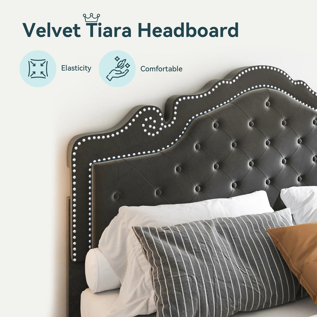 Velvet Platform Bed Frame with Adjustable Diamond Tufted Upholstered Tiara Headboard
