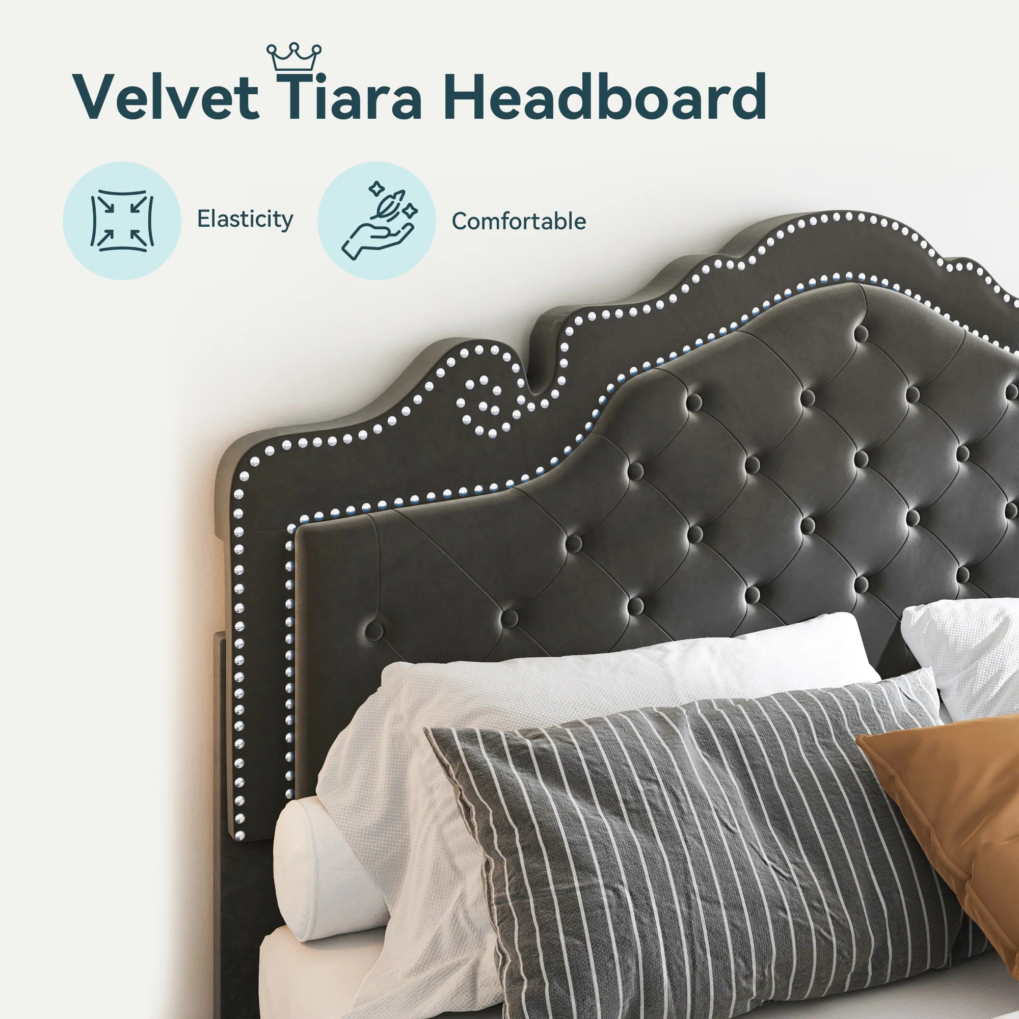 Velvet Platform Bed Frame with Adjustable Diamond Tufted Upholstered Tiara Headboard