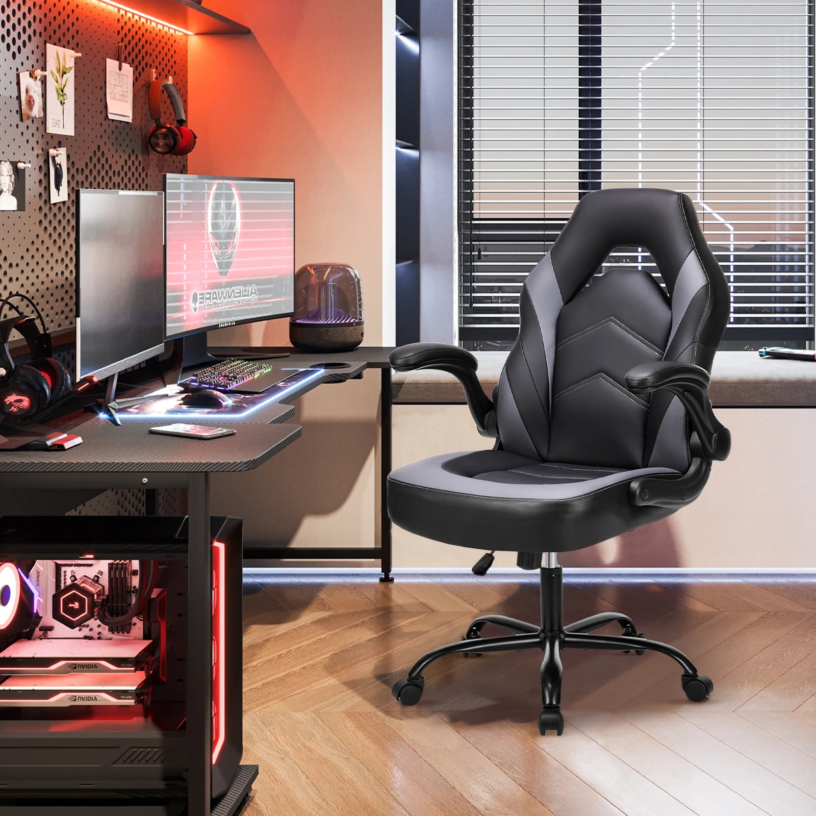 JHK Ergonomic Office Computer Home Gaming Desk Chair Adjustable PU Leather Racing Chair Flip-up Armrest.