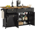 60" Mobile Kitchen Islands Rolling Trolleys Kitchen Island Table Drop Leaf Home Carts with Power Outlet Spice Towel Rack Trash