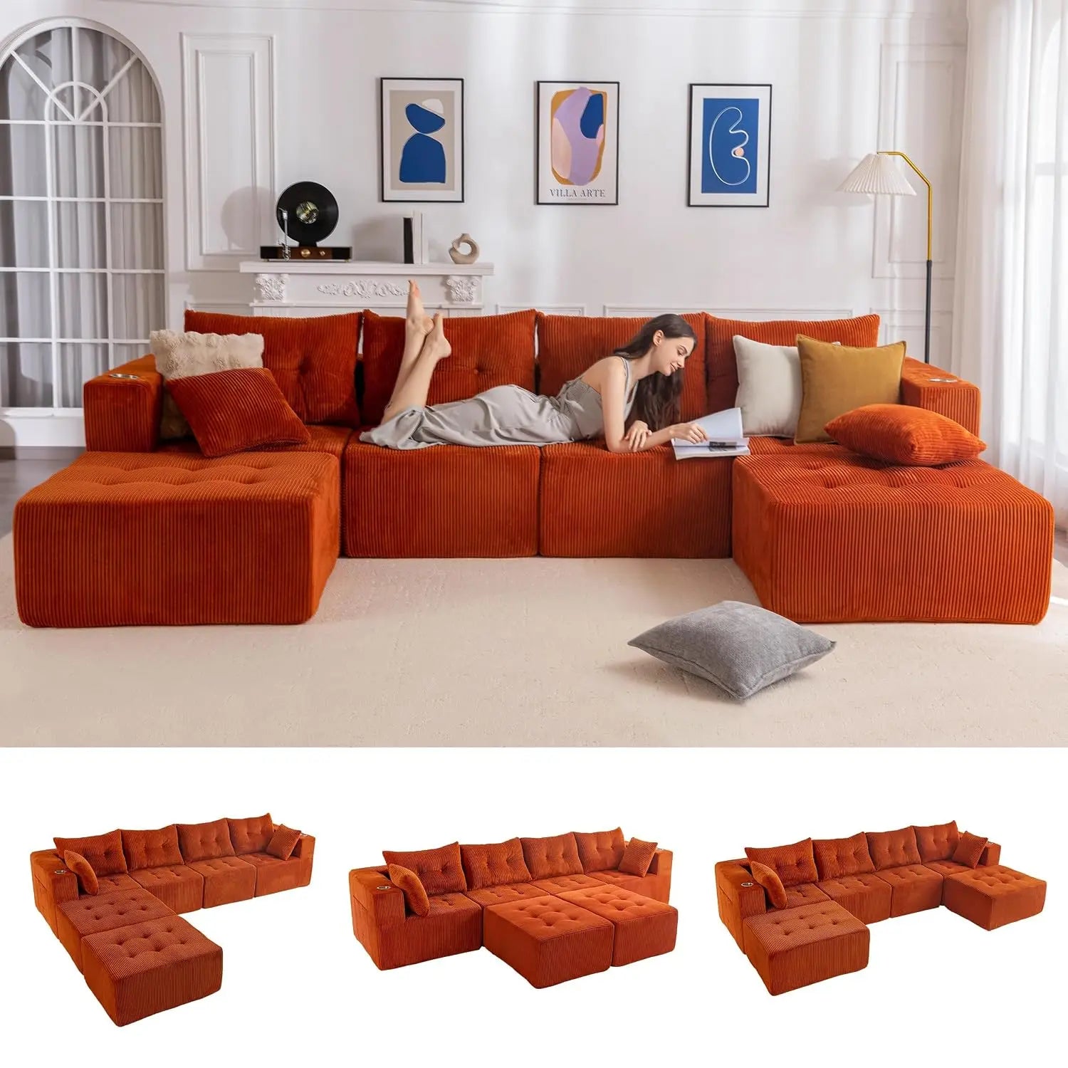 Boneless Couch, 129.5-Inch U-Shaped Cloud Couch, 2 Ottomans