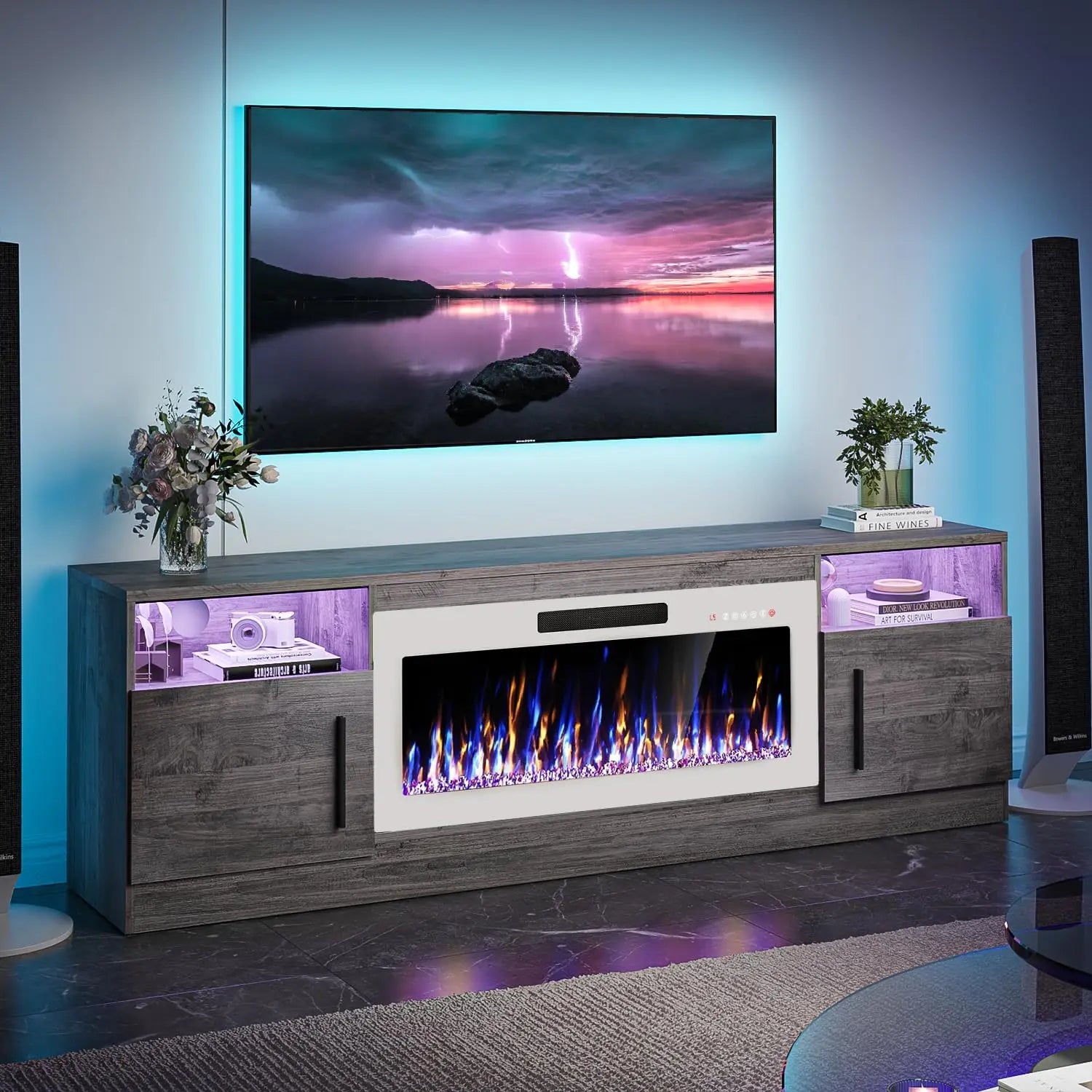 TV Stand Fireplace with 36" inch Electric Fireplace Up to 80" TVs, LED Light Entertainment Center,