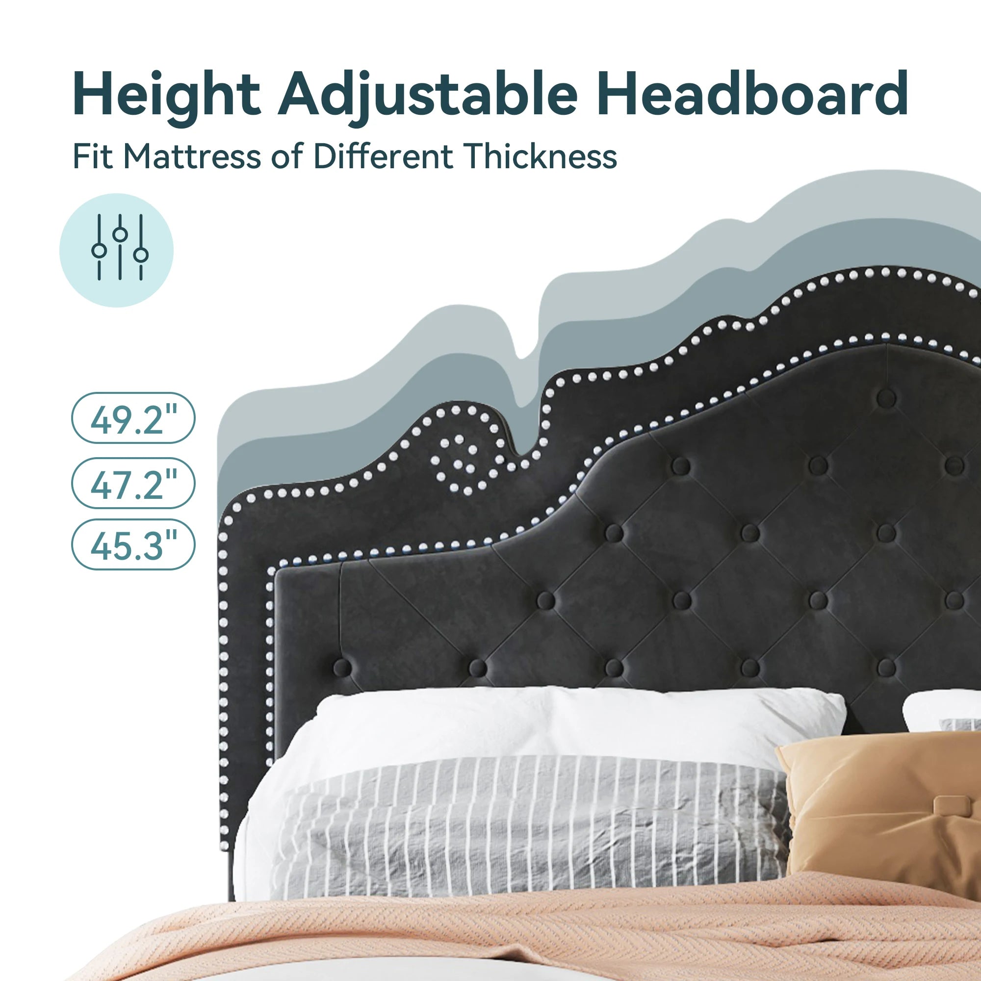 Velvet Platform Bed Frame with Adjustable Diamond Tufted Upholstered Tiara Headboard