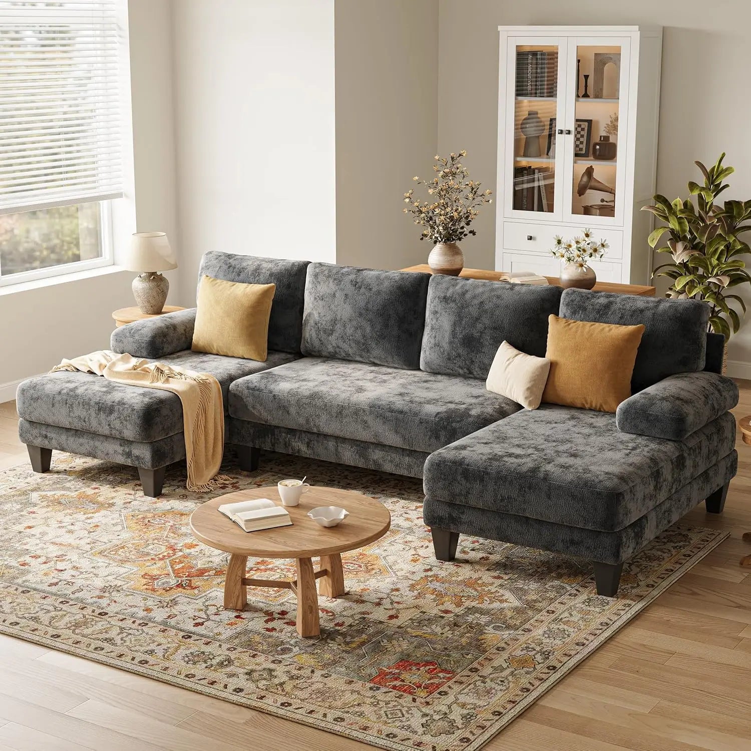 U-Shaped Sectional Couches for Living Room | Chenille Sofa with Double Chaise