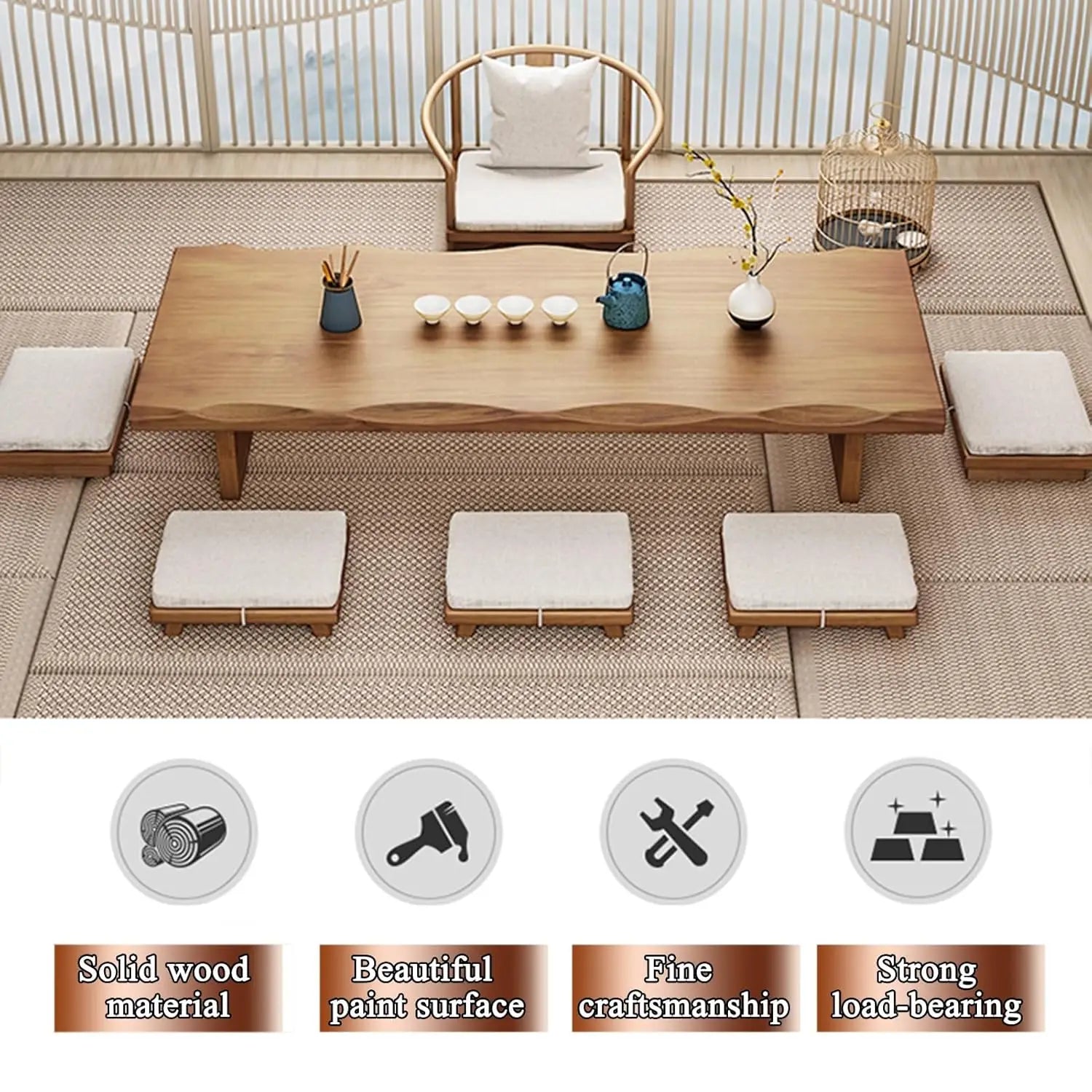 Solid Wood Low Floor Table, Meditation, Tea Ceremony. 47.2x23.6x13.7in,