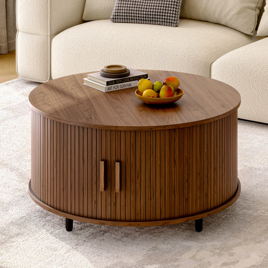 31.5" Modern Coffee Table with 360° Curved Sliding Door,Fluted Wood Accent Coffee Tablee