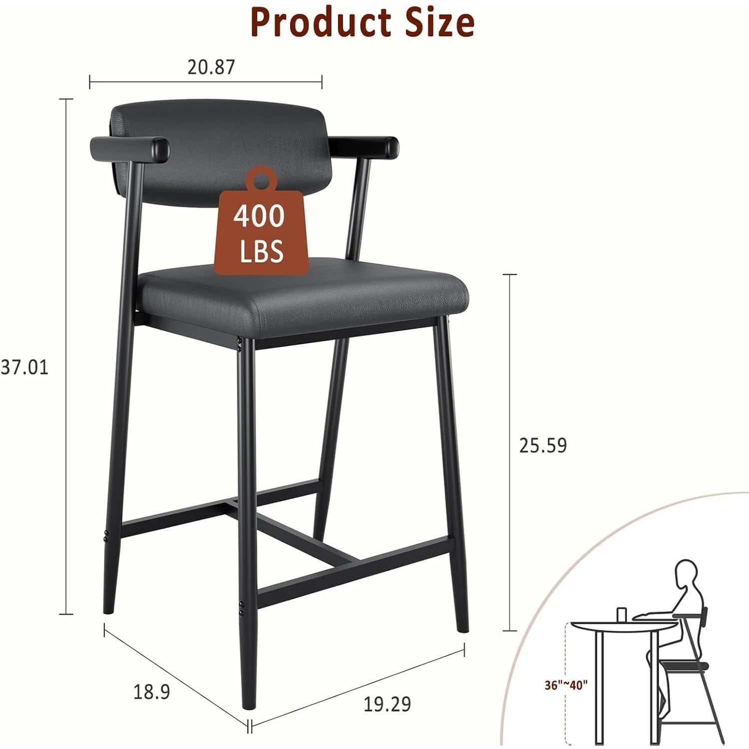 2PCS Modern Bar Stools Set with Back & Upholstered Wider Seat.