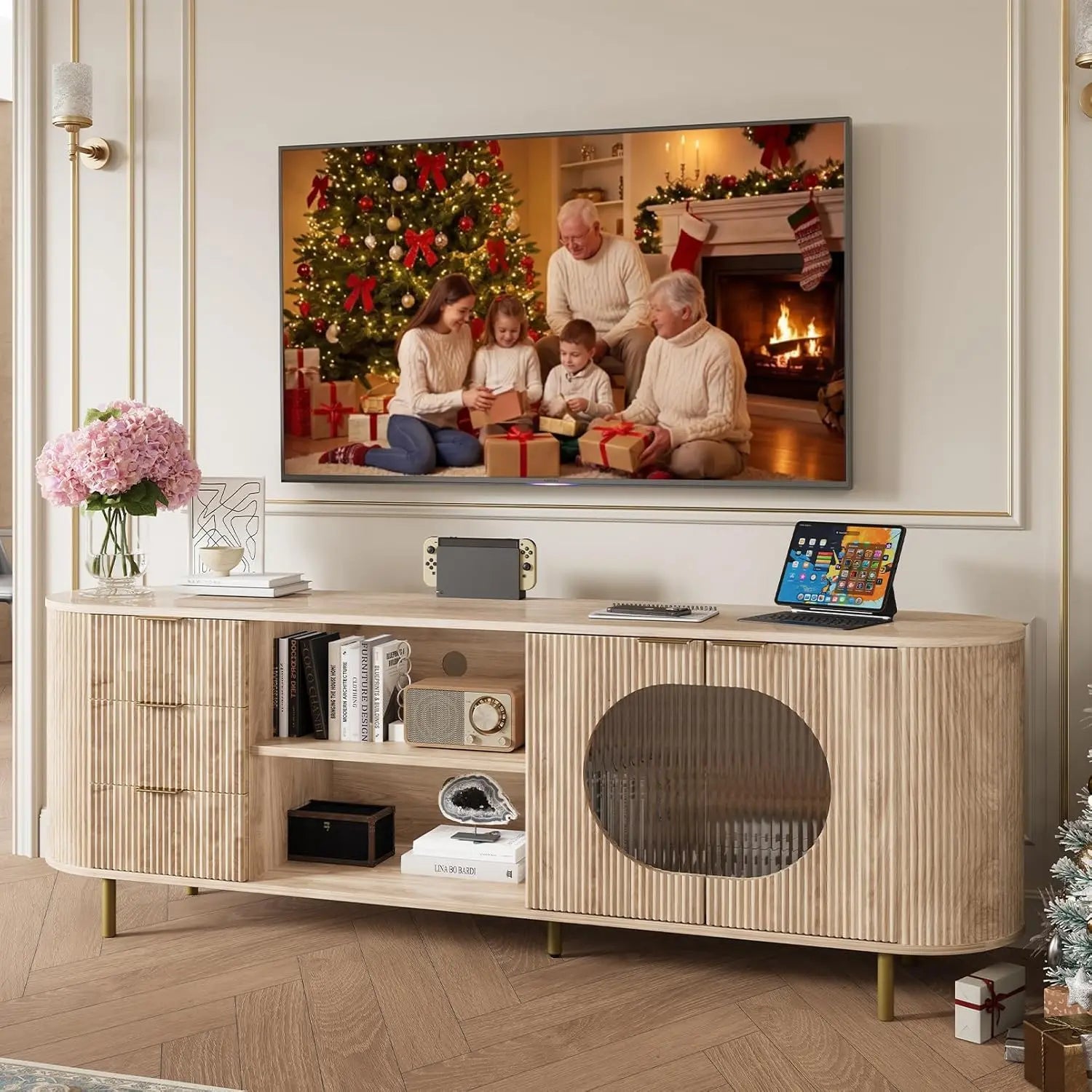 69" Fluted TV Stand Storage Console 3 Drawers.