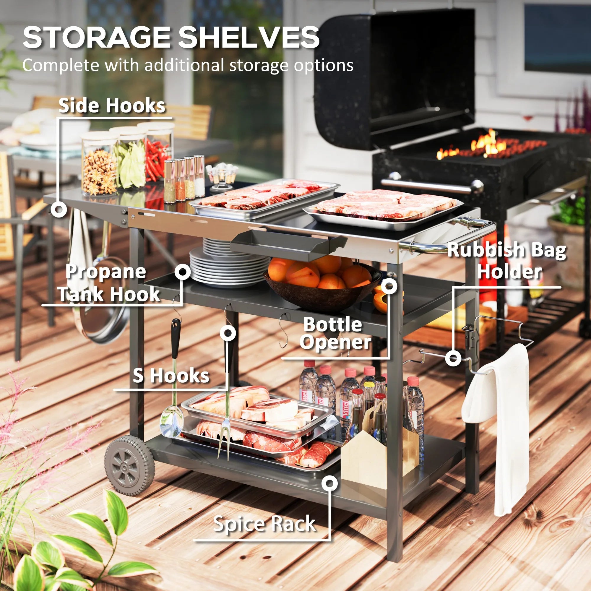 Outdoor Bar Cart Grill Table with Wheels, Prep Table with Storage