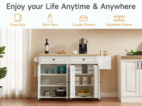 Kitchen Island Table Drop Leaf Home Carts with Power Outlet Spice Towel Rack Trash