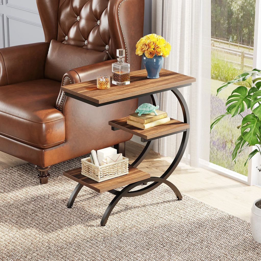 3-Tier C-Shaped End Table for Couch, Bedside or Snack Table with Storage Shelves