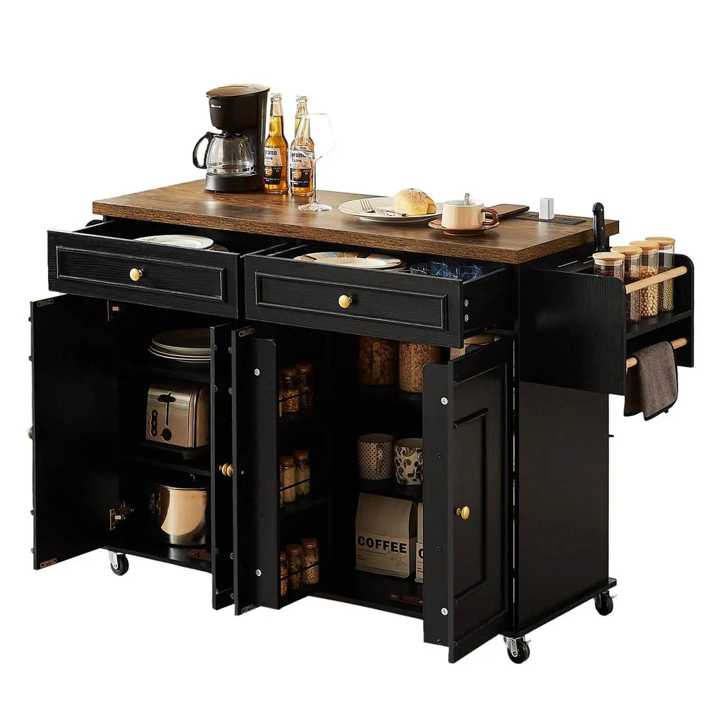 Kitchen Island Table Drop Leaf Home Carts with Power Outlet Spice Towel Rack Trash