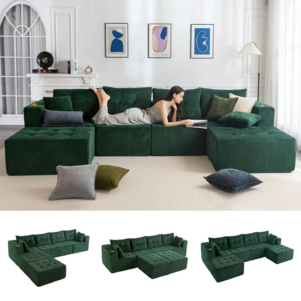 Boneless Couch, 129.5-Inch U-Shaped Cloud Couch, 2 Ottomans