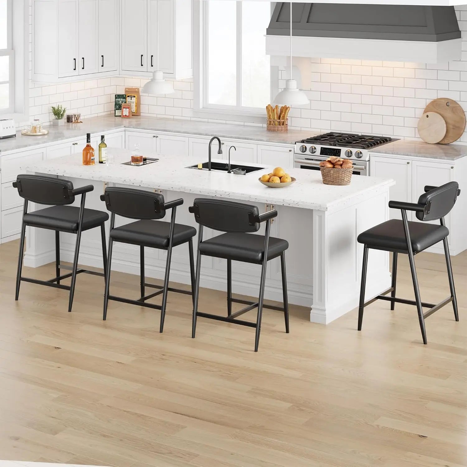 2PCS Modern Bar Stools Set with Back & Upholstered Wider Seat.