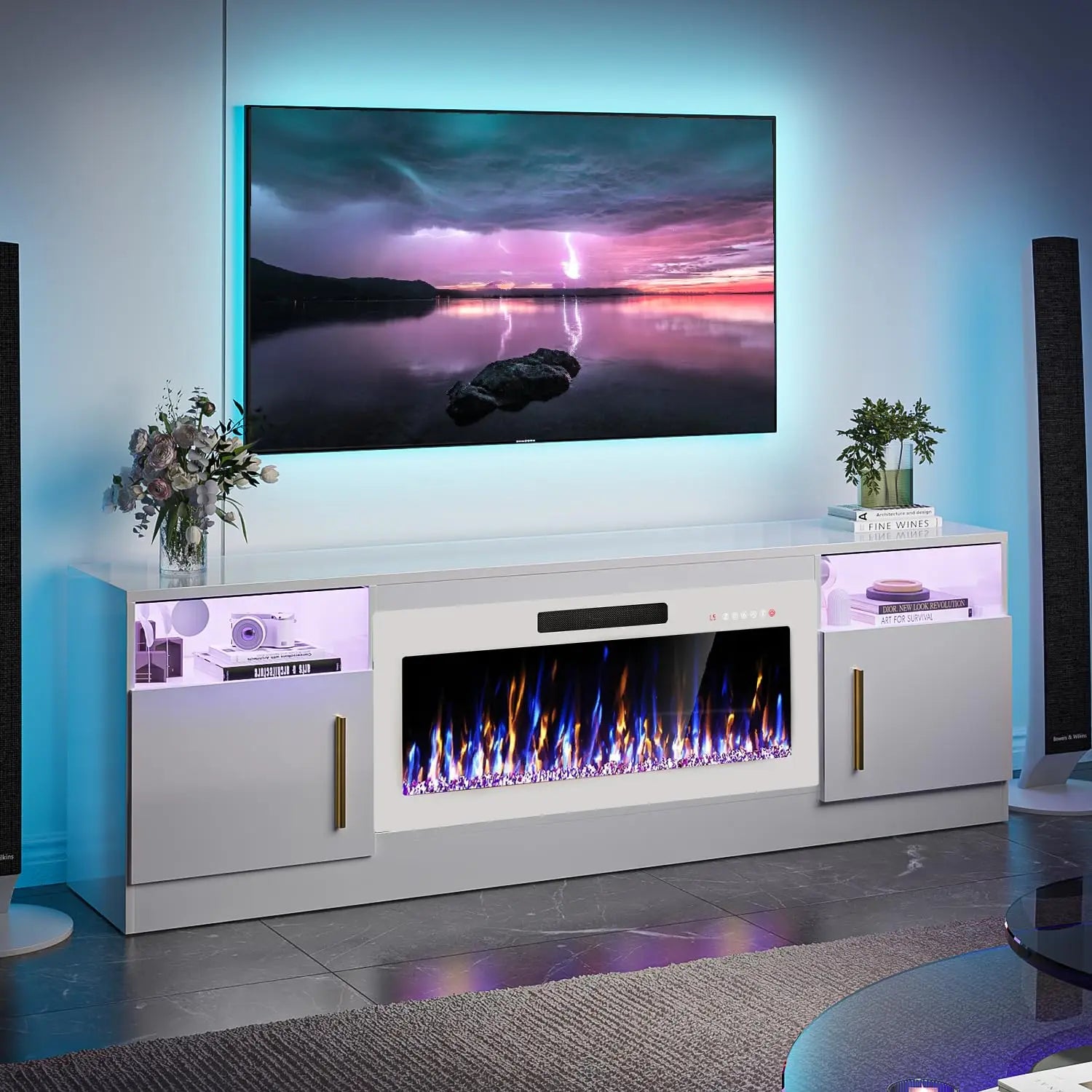 TV Stand Fireplace with 36" inch Electric Fireplace Up to 80" TVs, LED Light Entertainment Center,