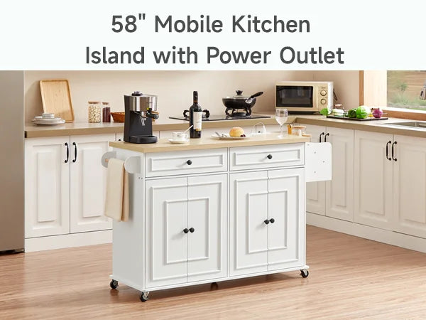Kitchen Island Table Drop Leaf Home Carts with Power Outlet Spice Towel Rack Trash