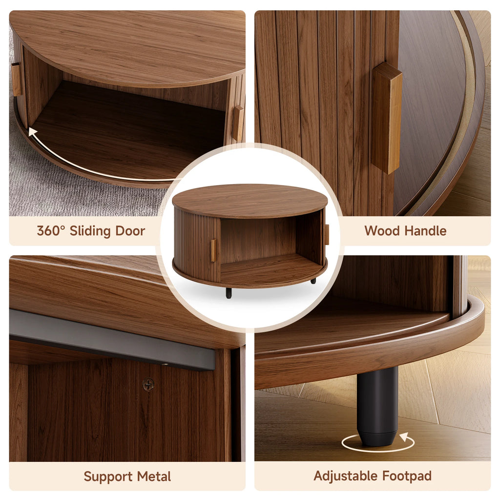 31.5" Modern Coffee Table with 360° Curved Sliding Door,Fluted Wood Accent Coffee Tablee