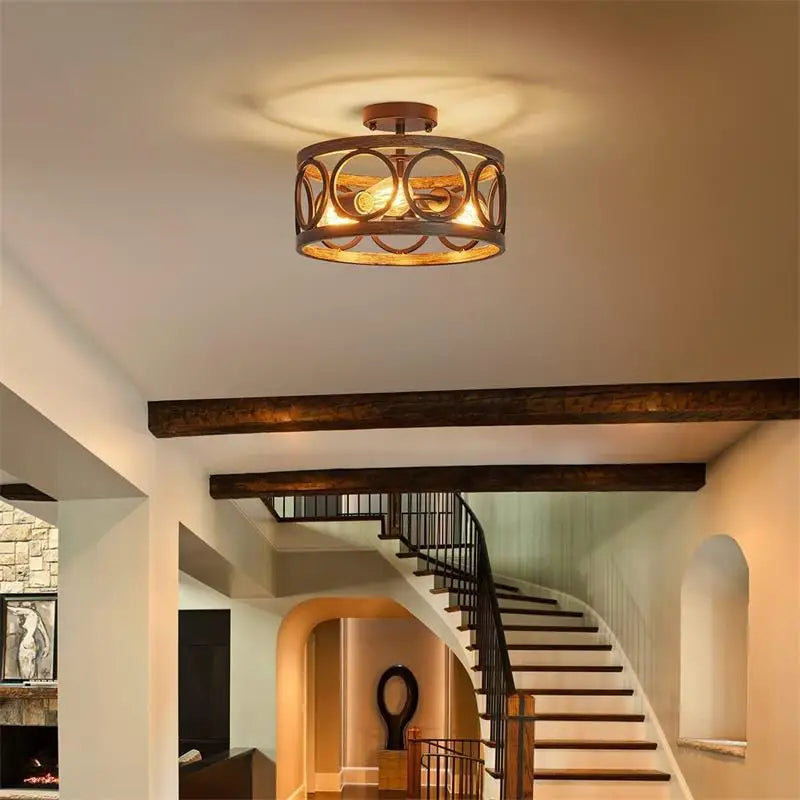 Retro Iron Art Wood Grain Ceiling Light Home Decor
