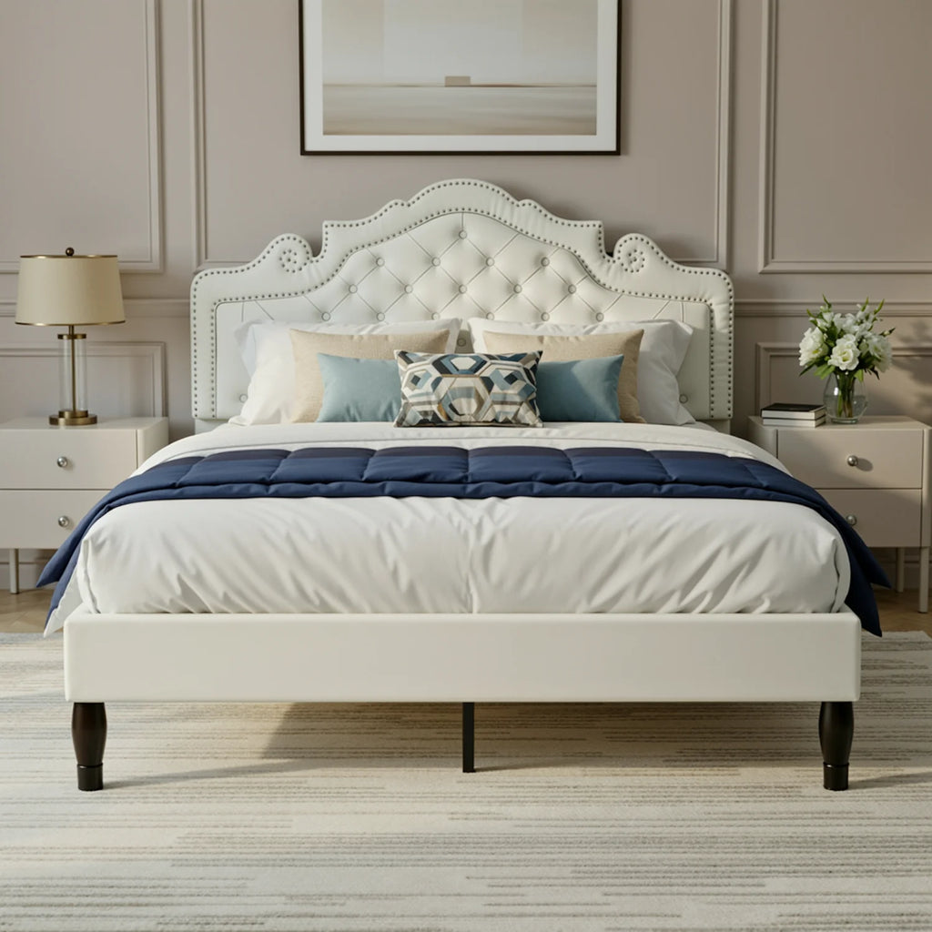Velvet Platform Bed Frame with Adjustable Diamond Tufted Upholstered Tiara Headboard