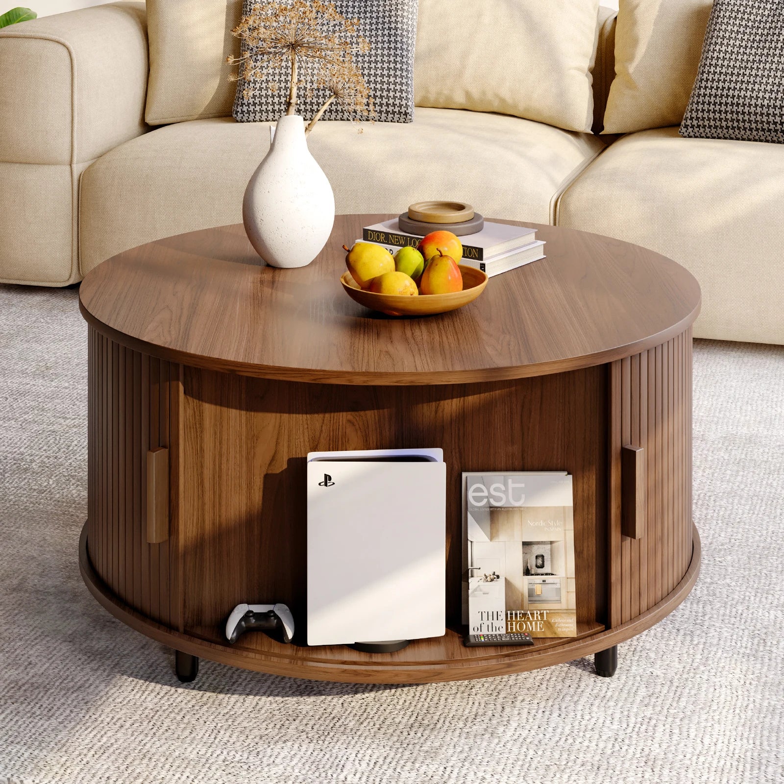 31.5" Modern Coffee Table with 360° Curved Sliding Door,Fluted Wood Accent Coffee Tablee