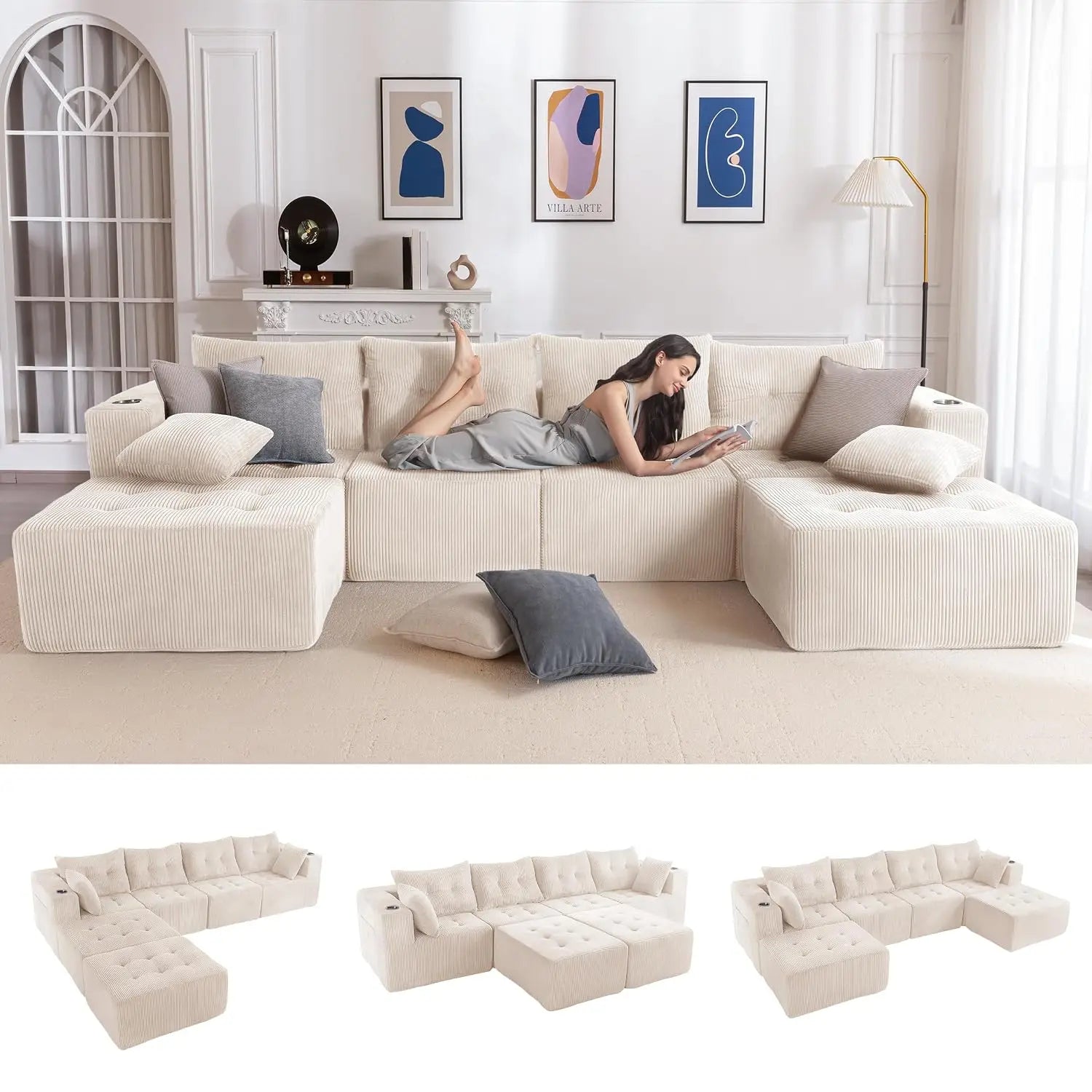 Boneless Couch, 129.5-Inch U-Shaped Cloud Couch, 2 Ottomans