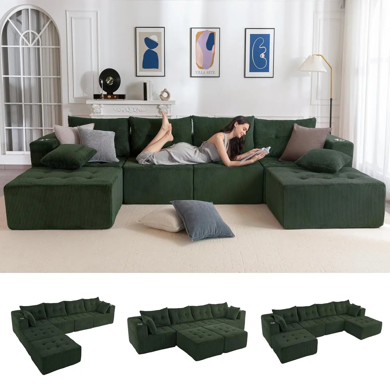 Boneless Couch, 129.5-Inch U-Shaped Cloud Couch, 2 Ottomans
