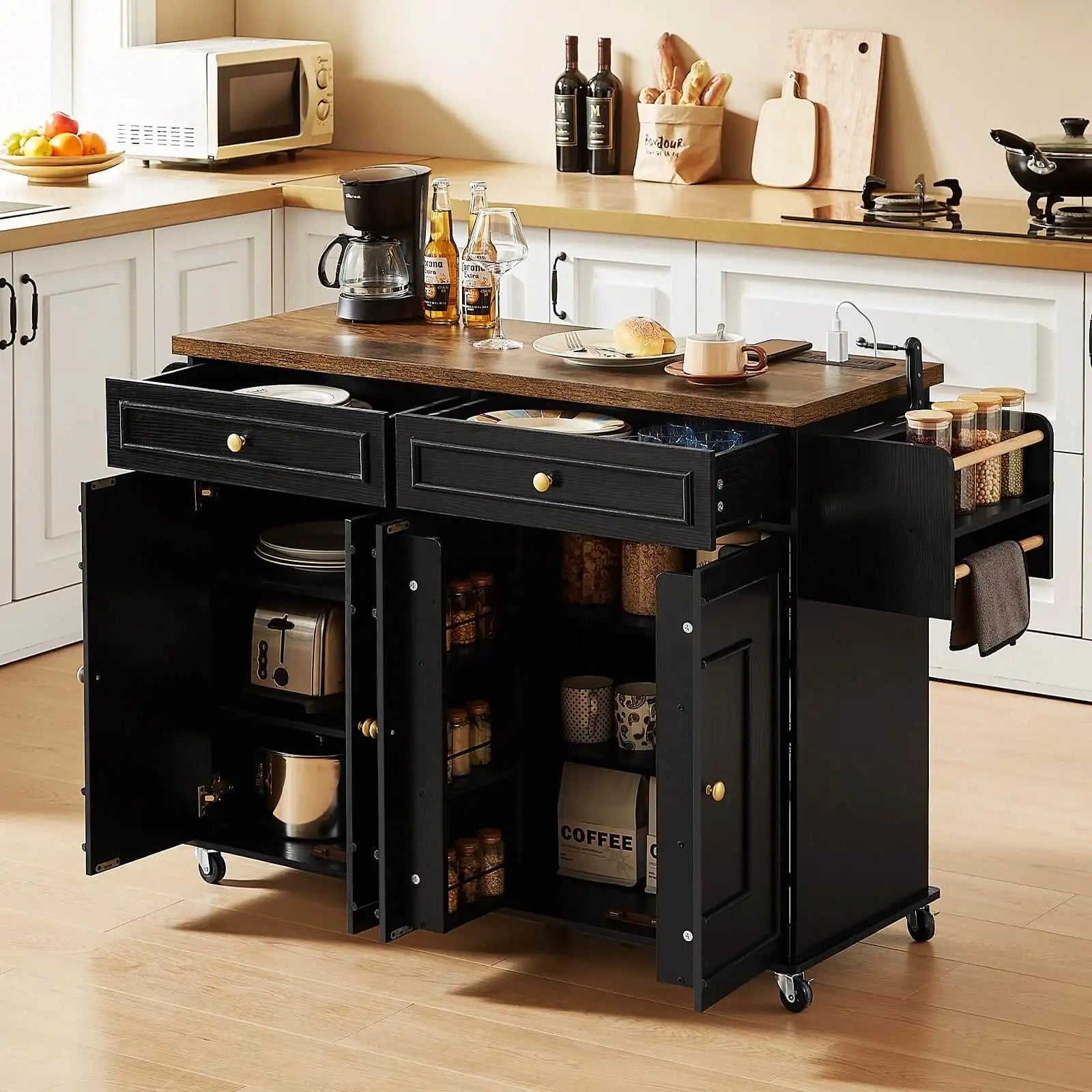 Kitchen Island Table Drop Leaf Home Carts with Power Outlet Spice Towel Rack Trash