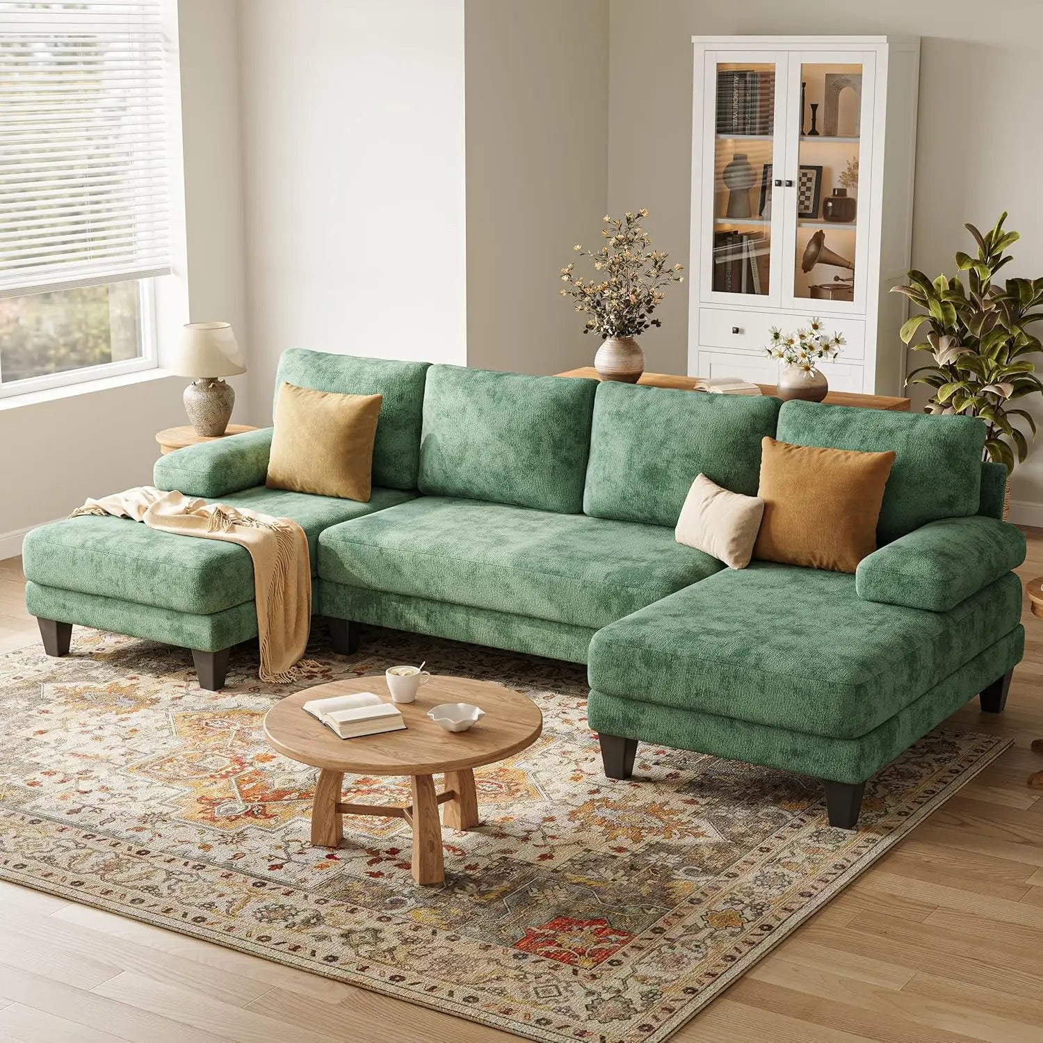 U-Shaped Sectional Couches for Living Room | Chenille Sofa with Double Chaise