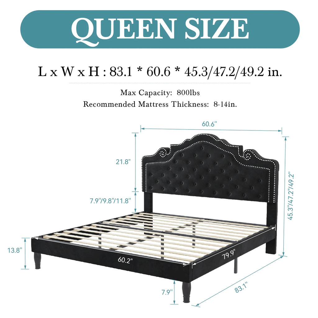 Velvet Platform Bed Frame with Adjustable Diamond Tufted Upholstered Tiara Headboard